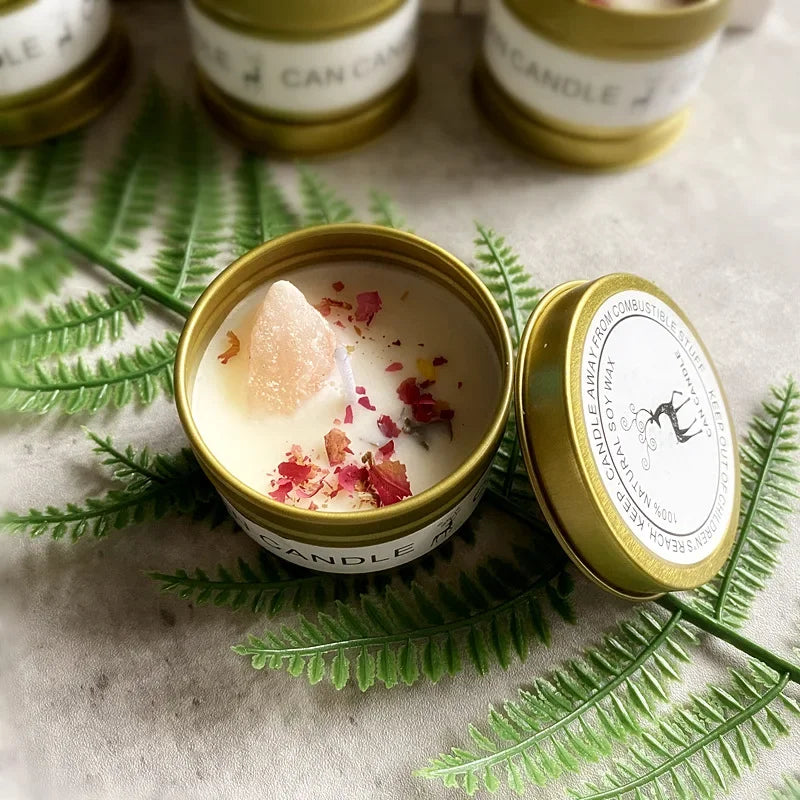 Clean-Burning Soy Treasure Candles with Crystals, Herbs, & Flowers