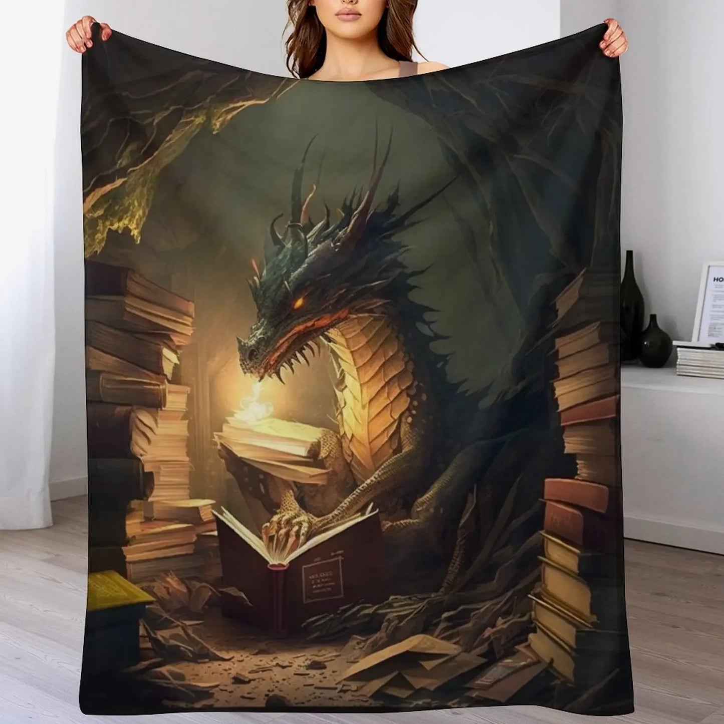 Book Dragon Plush Blanket (reverse side white)