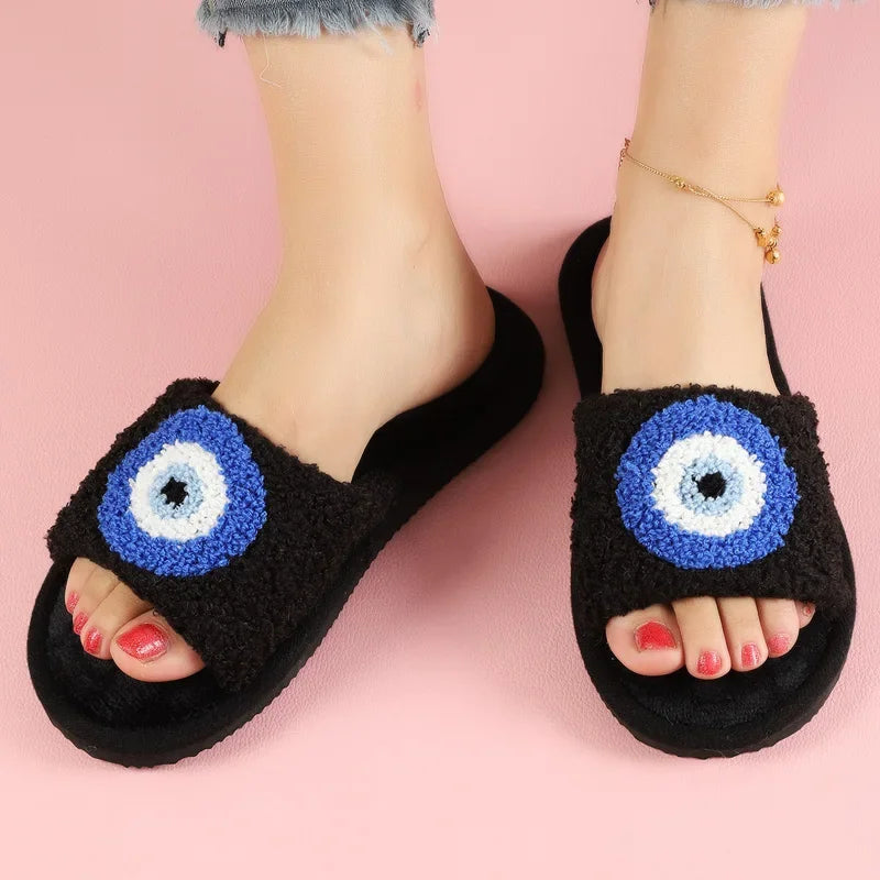 Shaggy Evil Eye Open Toe Slippers (available in black, white, or pink, sizing is ladies European)