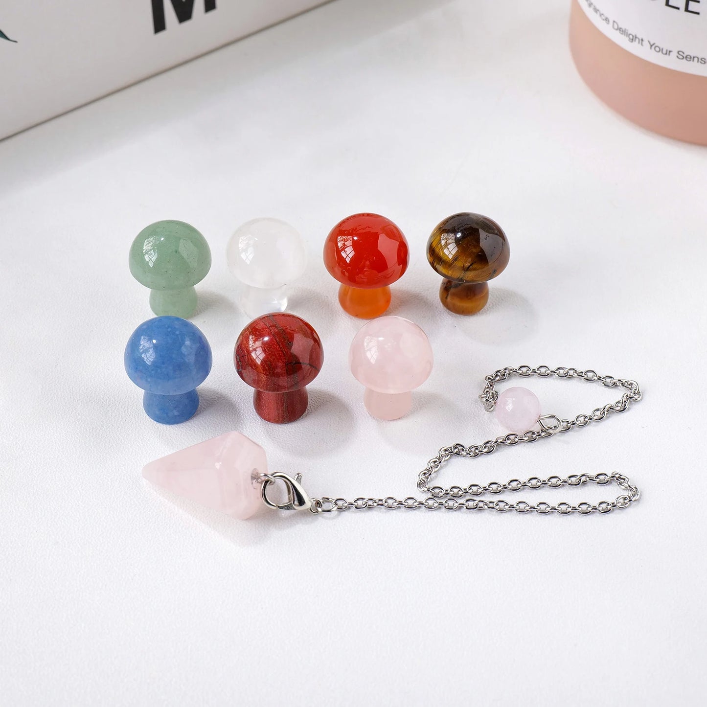 Chakra Gemstone Mushrooms & Rose Quartz Pendulum Set