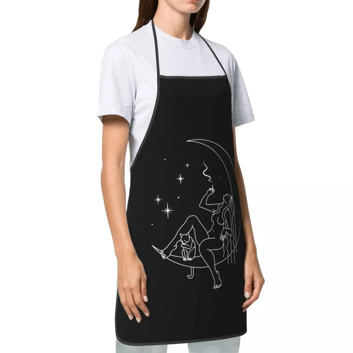 Chill Smoking Witch with Cat On Moon Apron