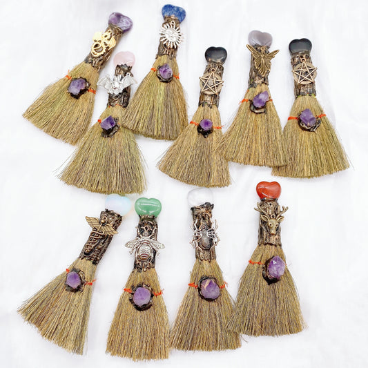 Mini Brooms with Talismans & Natural Gemstones, for Ritual Use, Protection, & Cleansing