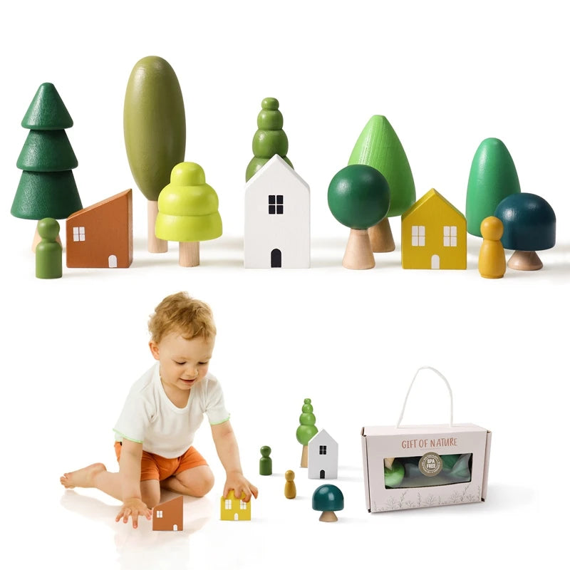 Montessori Wooden Blocks Houses Mini Playset