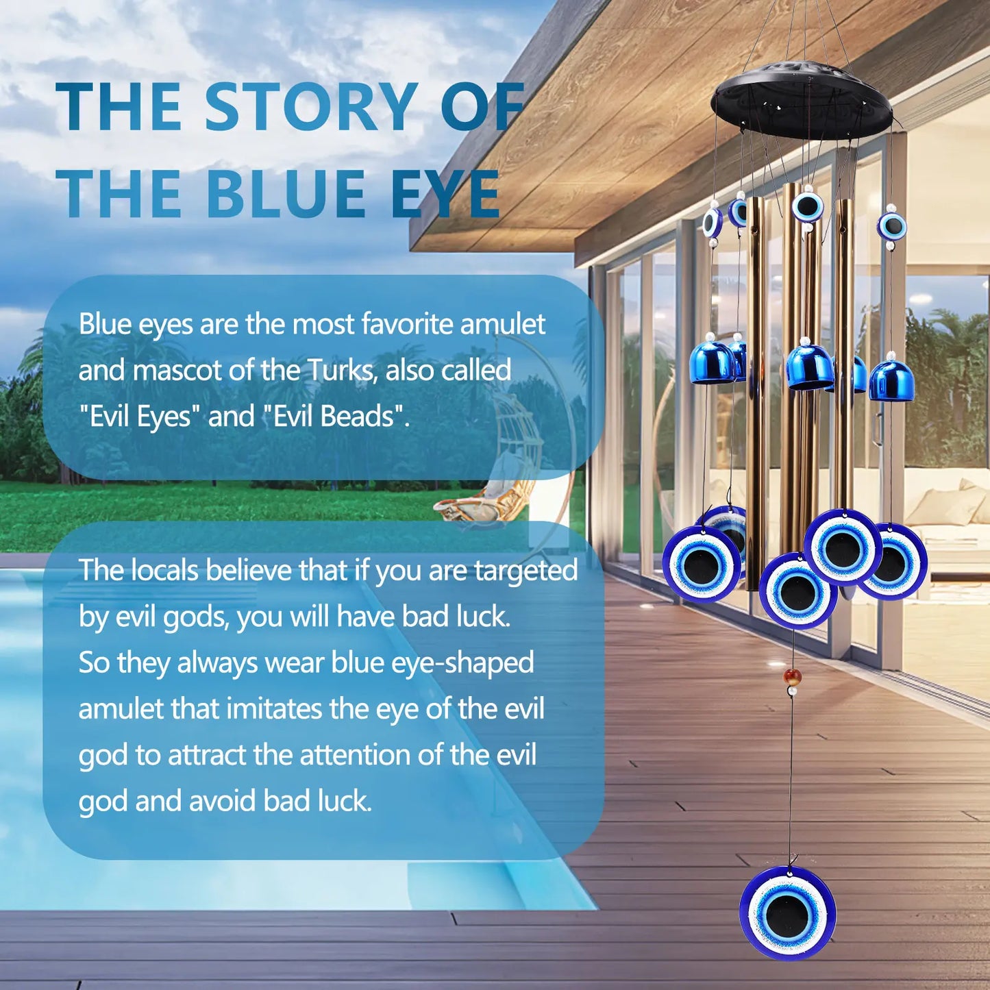 Blue Glass Evil Eyes with Bells (for indoor or outdoor)