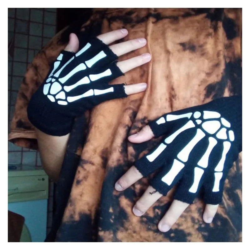 Glow in The Dark Skeleton Fingerless Gloves