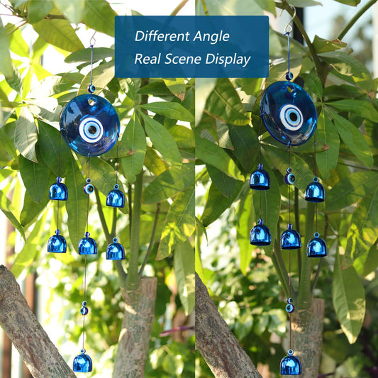 Blue Glass Evil Eyes with Bells (for indoor or outdoor)