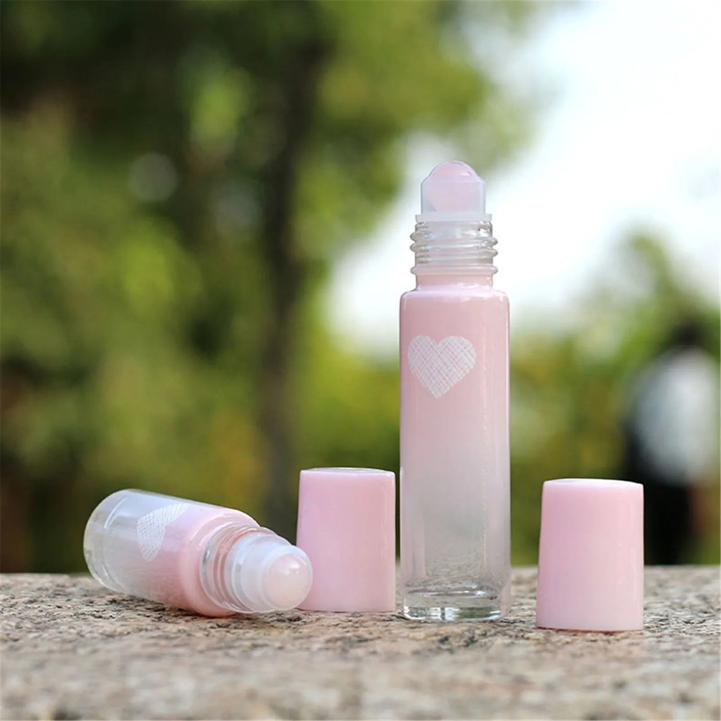 Single Empty Frosted Glass Heart Roll-On Vials with Jade Roller, 5ml or 10ml