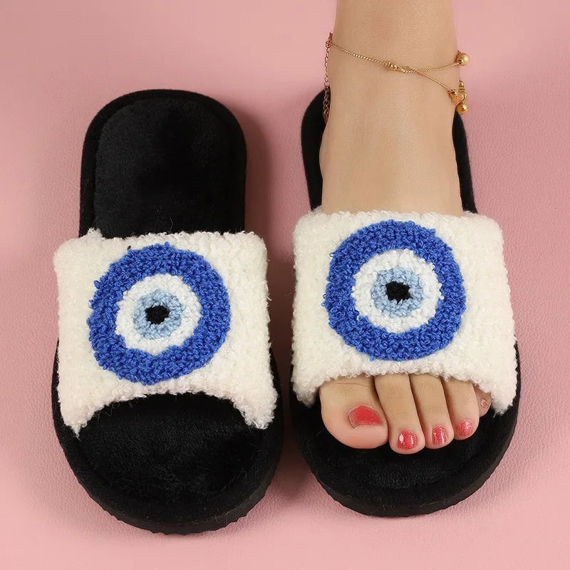 Shaggy Evil Eye Open Toe Slippers (available in black, white, or pink, sizing is ladies European)