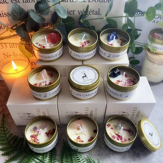 Clean-Burning Soy Treasure Candles with Crystals, Herbs, & Flowers