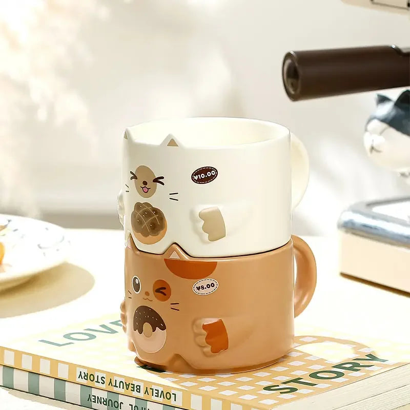 Stacking Cat Mugs with Handles, Set of 4 Ceramic Mugs, Each Mug holds 10oz