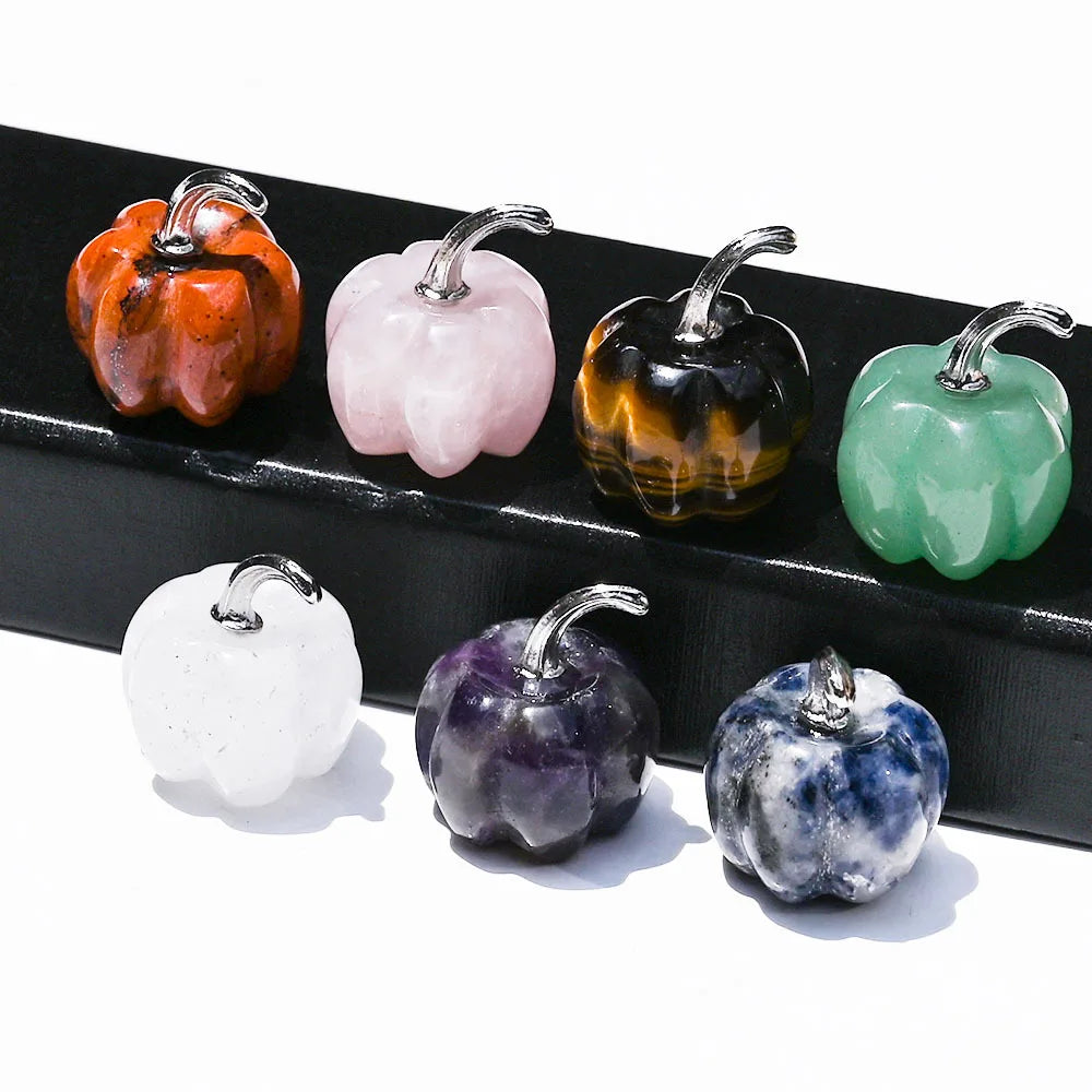 Natural Mini Hand Carved 7 Chakra Halloween Pumpkins Set Amethyst Rose Quartz Healing Crystals Gemstone Home Decoration Gift Box