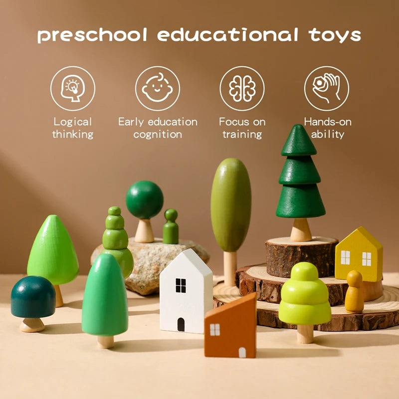 Montessori Wooden Blocks Houses Mini Playset