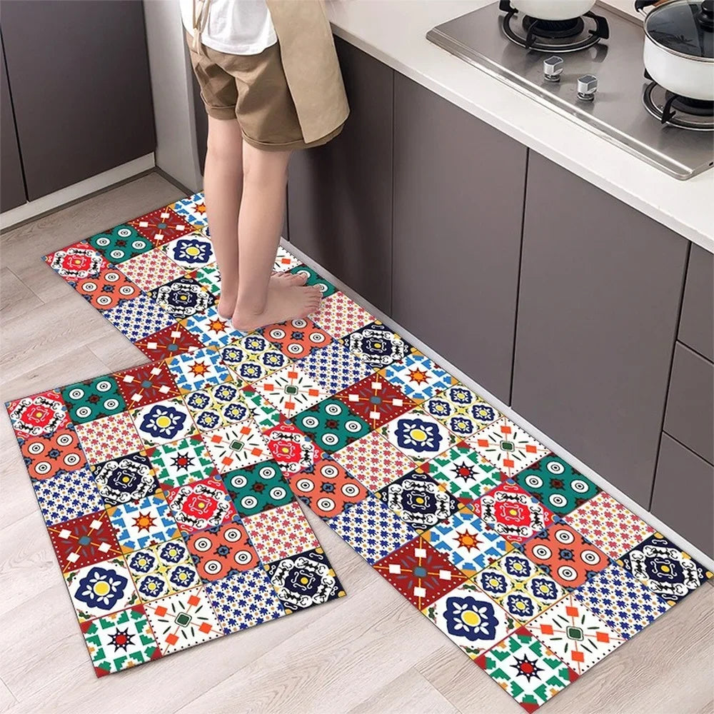 Beautiful Boho Blues Patterned Washable Anti Fatigue Kitchen Rugs