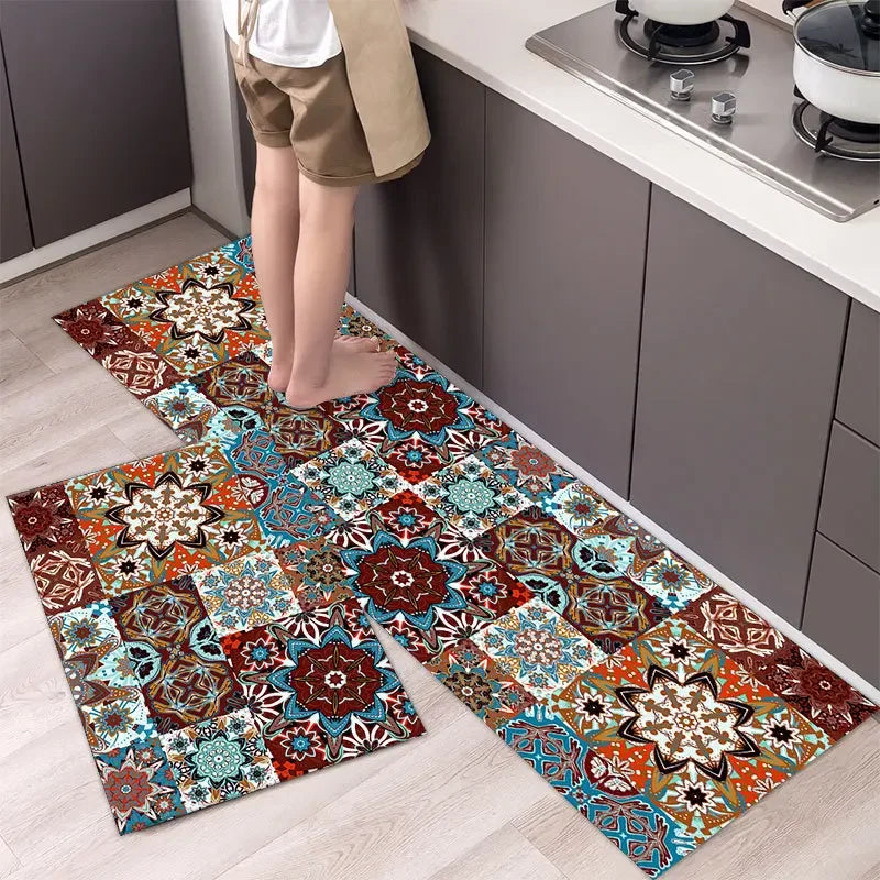 Beautiful Boho Blues Patterned Washable Anti Fatigue Kitchen Rugs