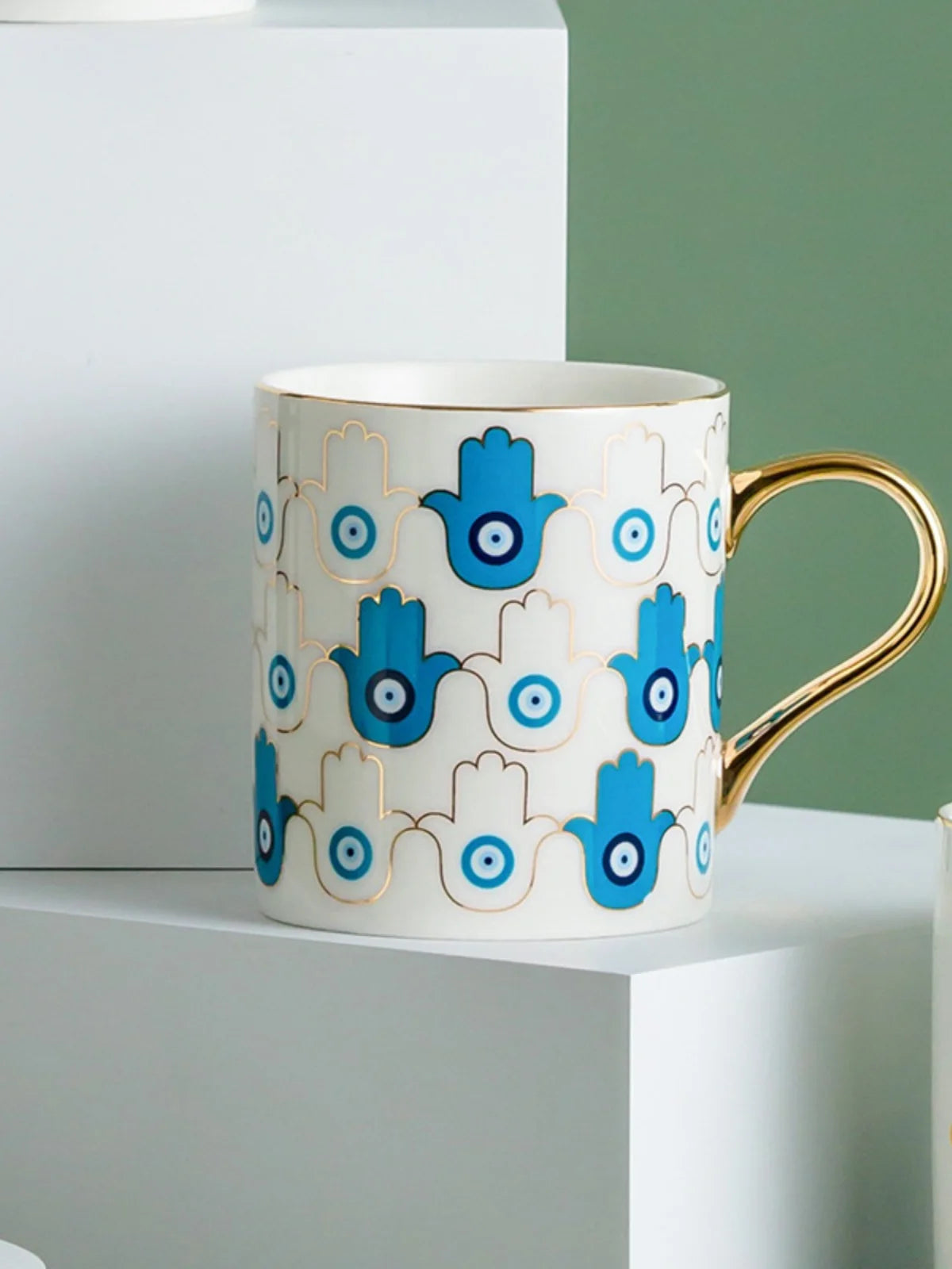 Turkish Hamsa Ceramic Mug with Gold Accents, 11oz