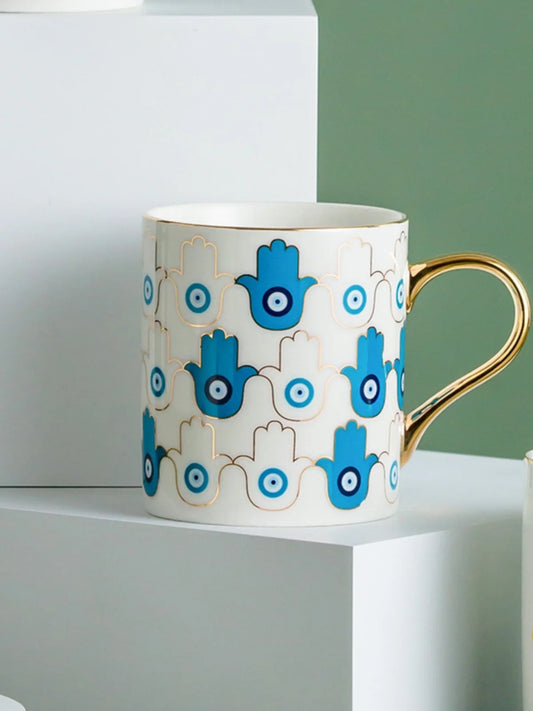 Turkish Hamsa Ceramic Mug with Gold Accents, 11oz