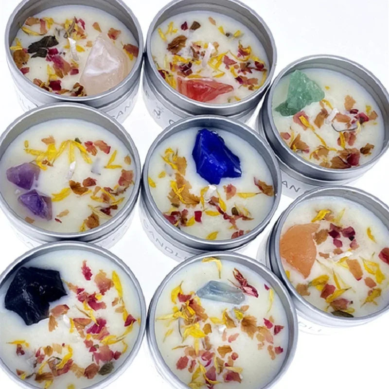 Clean-Burning Soy Treasure Candles with Crystals, Herbs, & Flowers