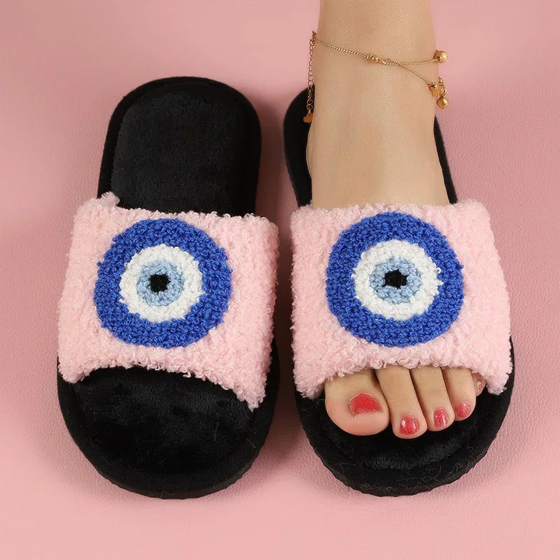 Shaggy Evil Eye Open Toe Slippers (available in black, white, or pink, sizing is ladies European)