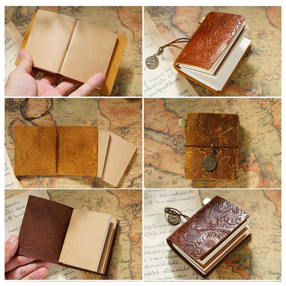 Genuine Leather Traveler's Notebook Carved Pattern Planner Mini Notebooks Journal Handmade Diary Sketchbook Planner Stationery