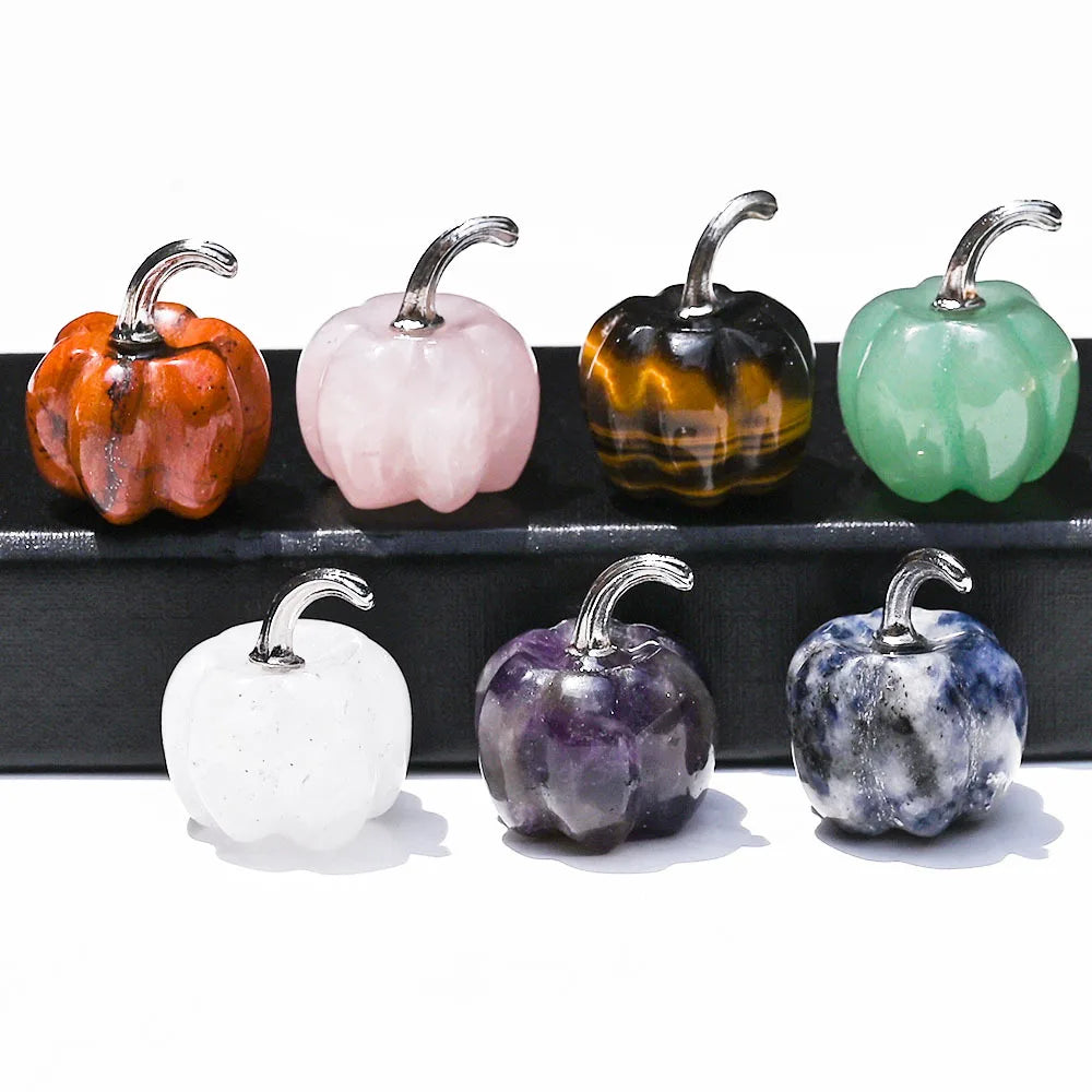 Natural Mini Hand Carved 7 Chakra Halloween Pumpkins Set Amethyst Rose Quartz Healing Crystals Gemstone Home Decoration Gift Box