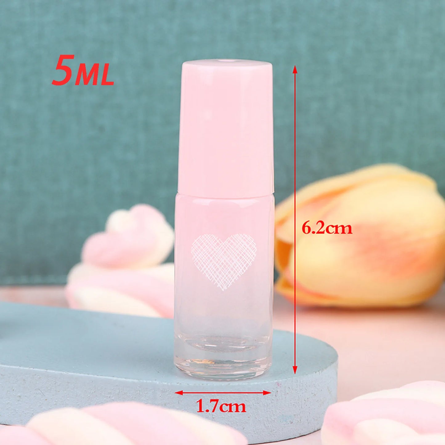 Single Empty Frosted Glass Heart Roll-On Vials with Steel Roller, 5ml or 10ml