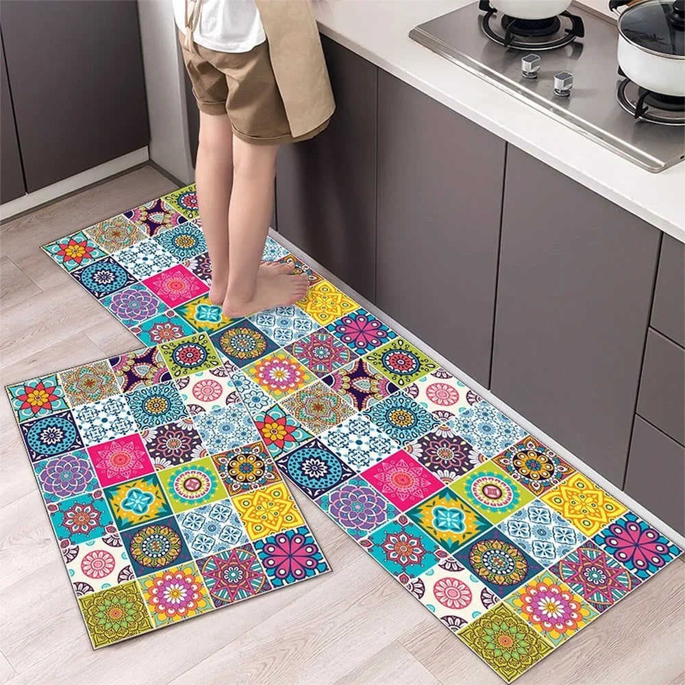 Beautiful Boho Blues Patterned Washable Anti Fatigue Kitchen Rugs