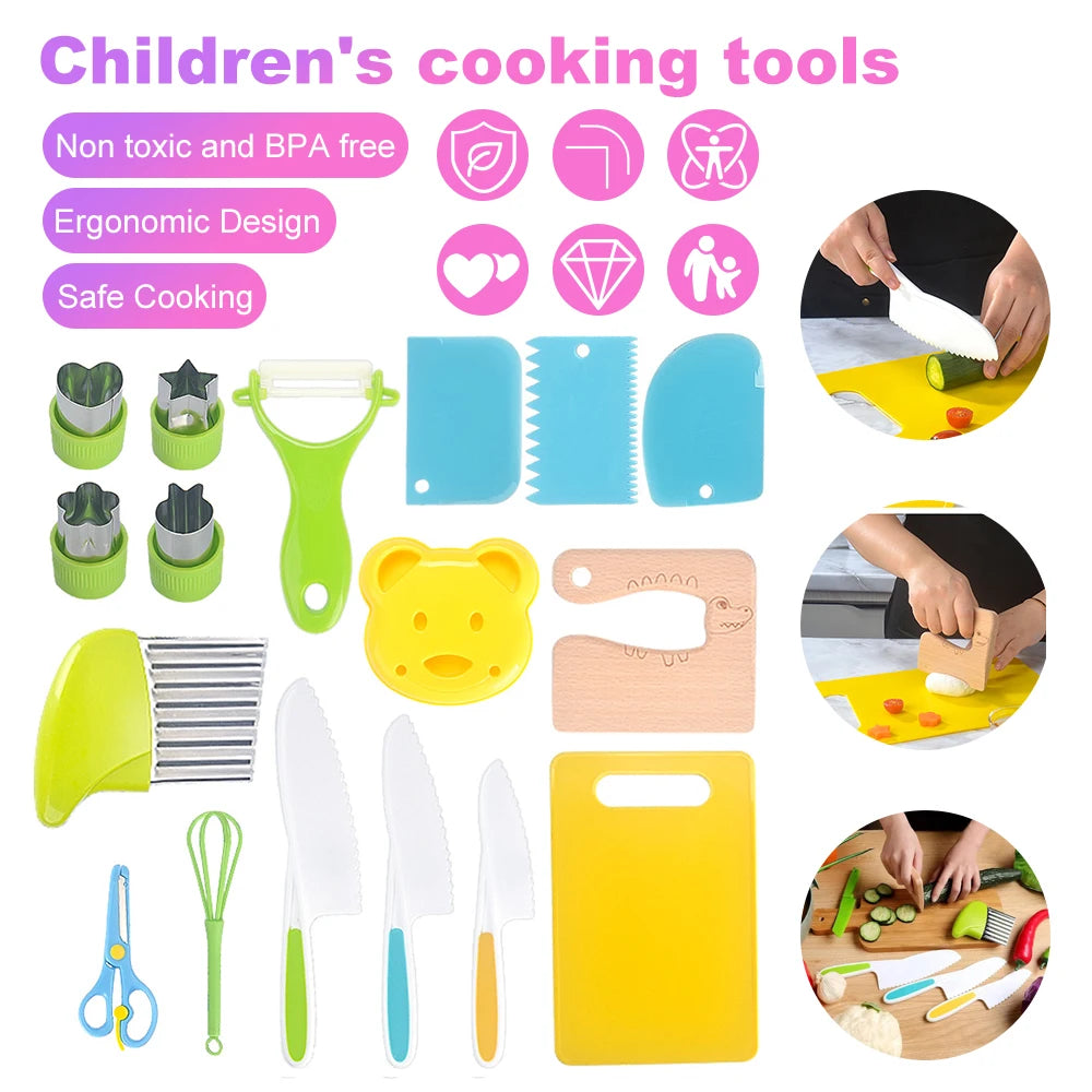 Montessori Kids Real Cooking Kitchen Tools Gift Set for ages 2 and up, Deluxe 17 piece Set