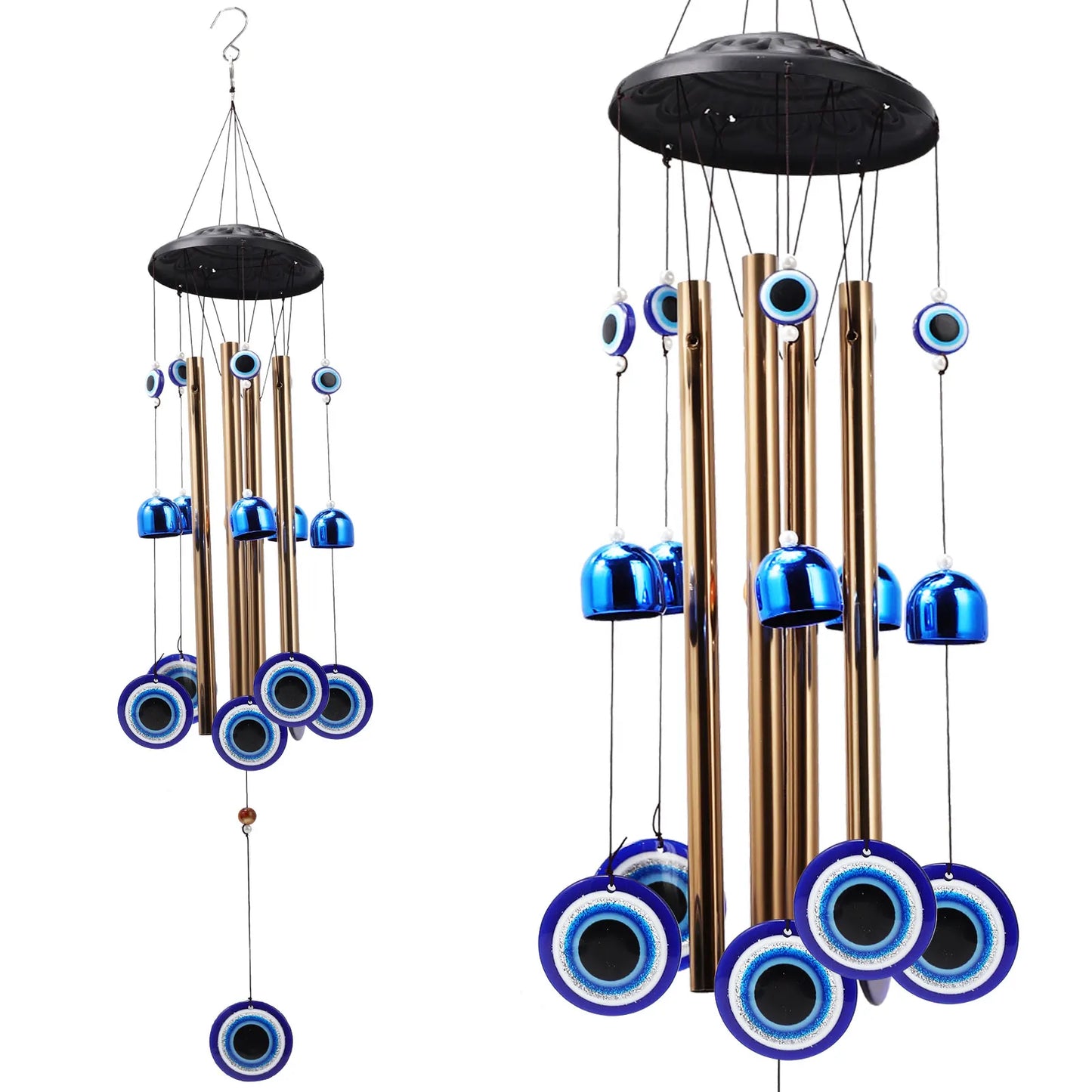 Blue Glass Evil Eyes with Bells (for indoor or outdoor)