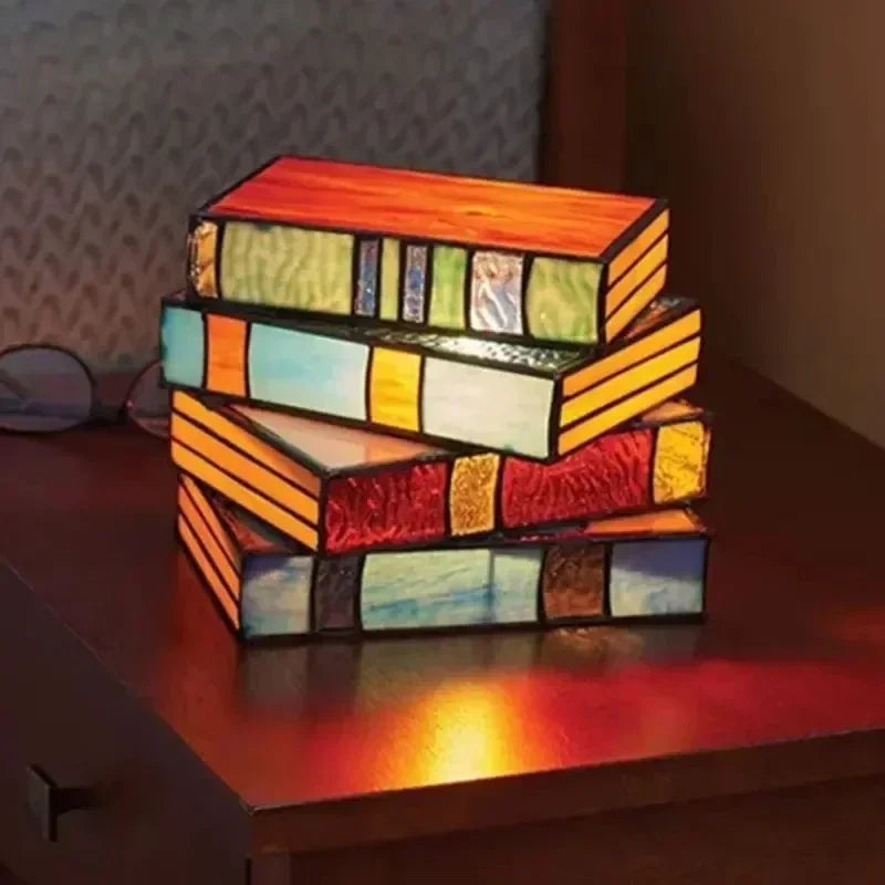 Stained Glass Stacked Books Lamp, 5.5in Tall, USB Powered