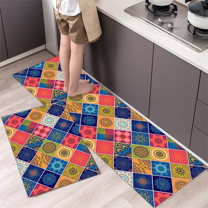 Beautiful Boho Blues Patterned Washable Anti Fatigue Kitchen Rugs