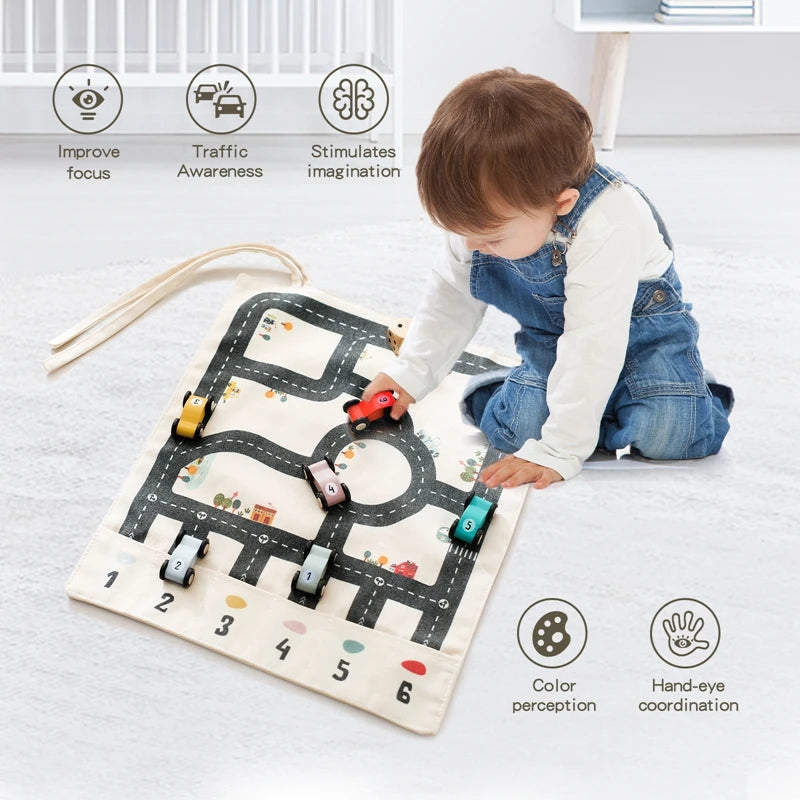 Montessori On the Road Portable Car Playset, Wooden & Canvas