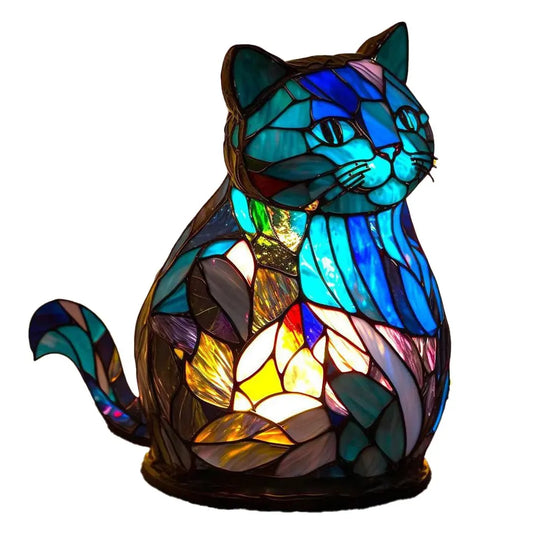 Cat Stained Glass Tiffany-Style Mini Lamp, about 6-8in, USB Powered