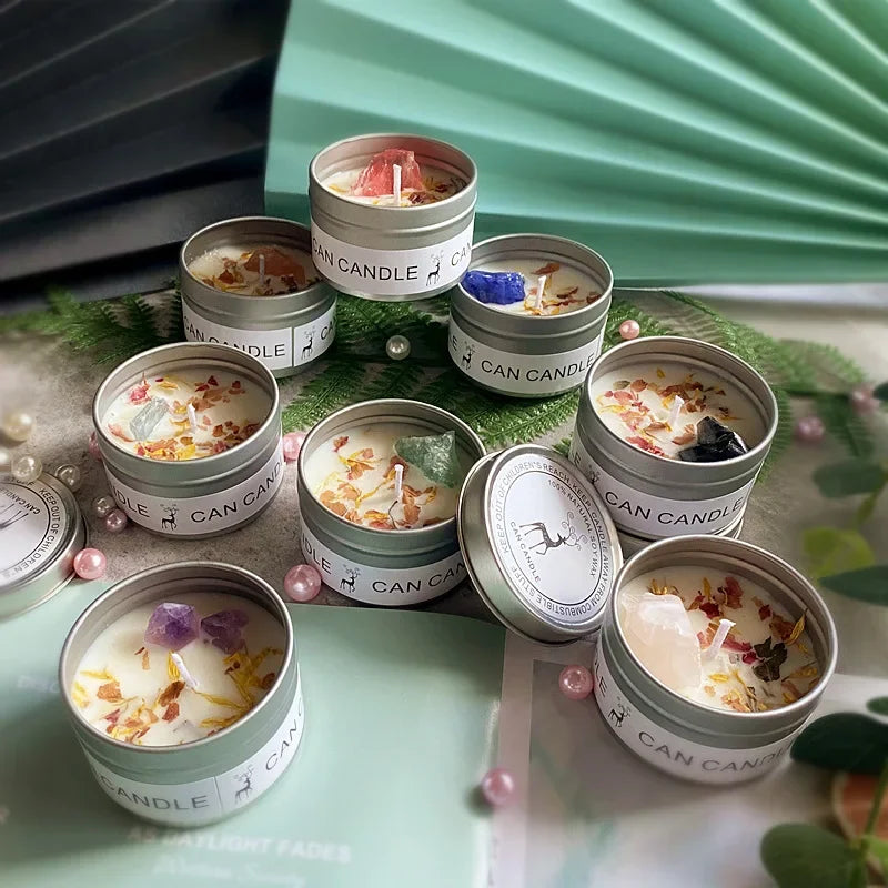 Clean-Burning Soy Treasure Candles with Crystals, Herbs, & Flowers