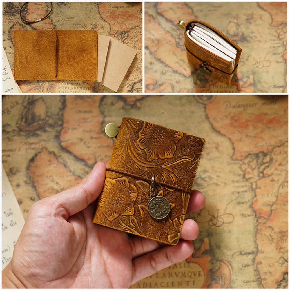 Genuine Leather Traveler's Notebook Carved Pattern Planner Mini Notebooks Journal Handmade Diary Sketchbook Planner Stationery