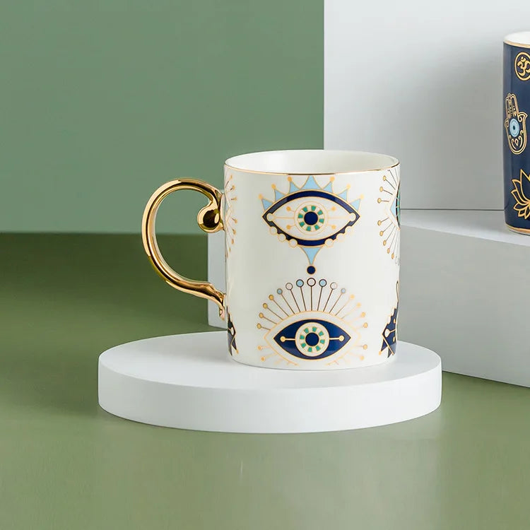 Turkish Hamsa Ceramic Mug with Gold Accents, 11oz