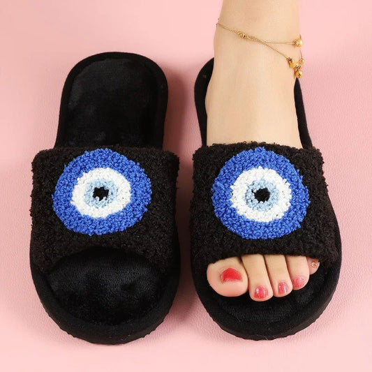 Shaggy Evil Eye Open Toe Slippers (available in black, white, or pink, sizing is ladies European)