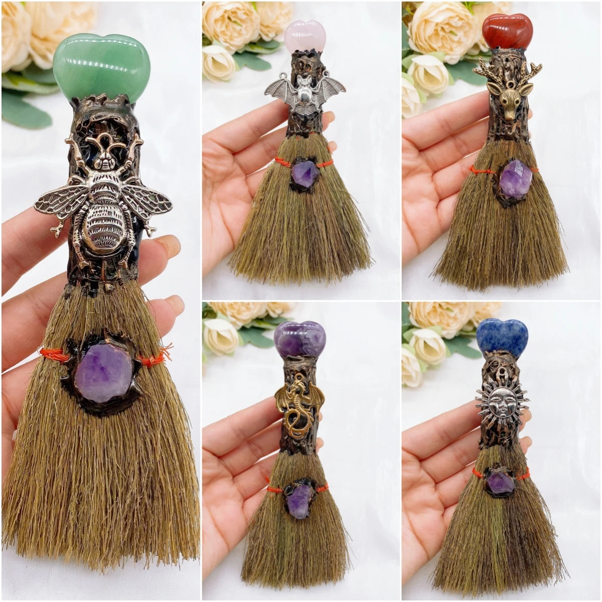 Mini Brooms with Talismans & Natural Gemstones, for Ritual Use, Protection, & Cleansing