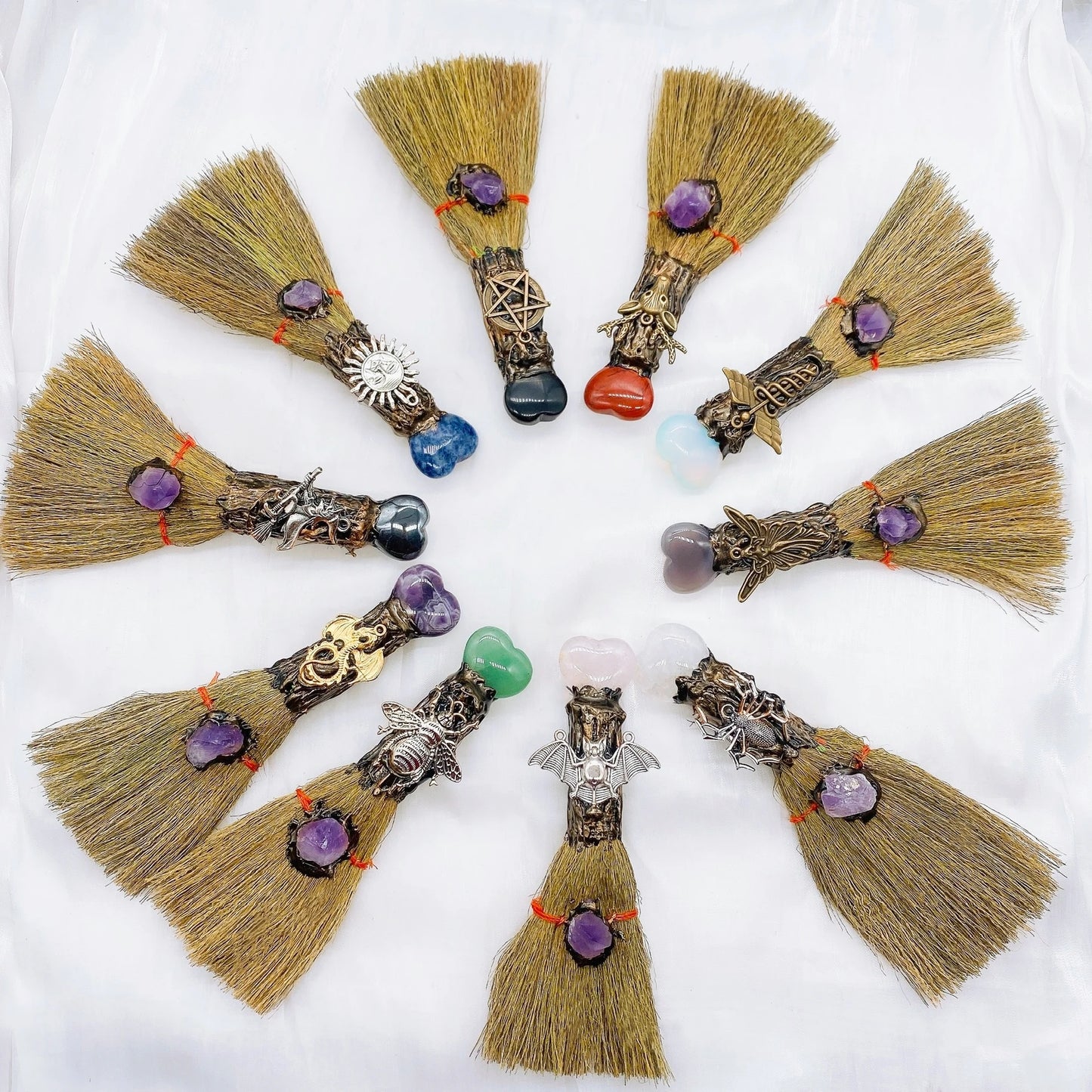 Mini Brooms with Talismans & Natural Gemstones, for Ritual Use, Protection, & Cleansing