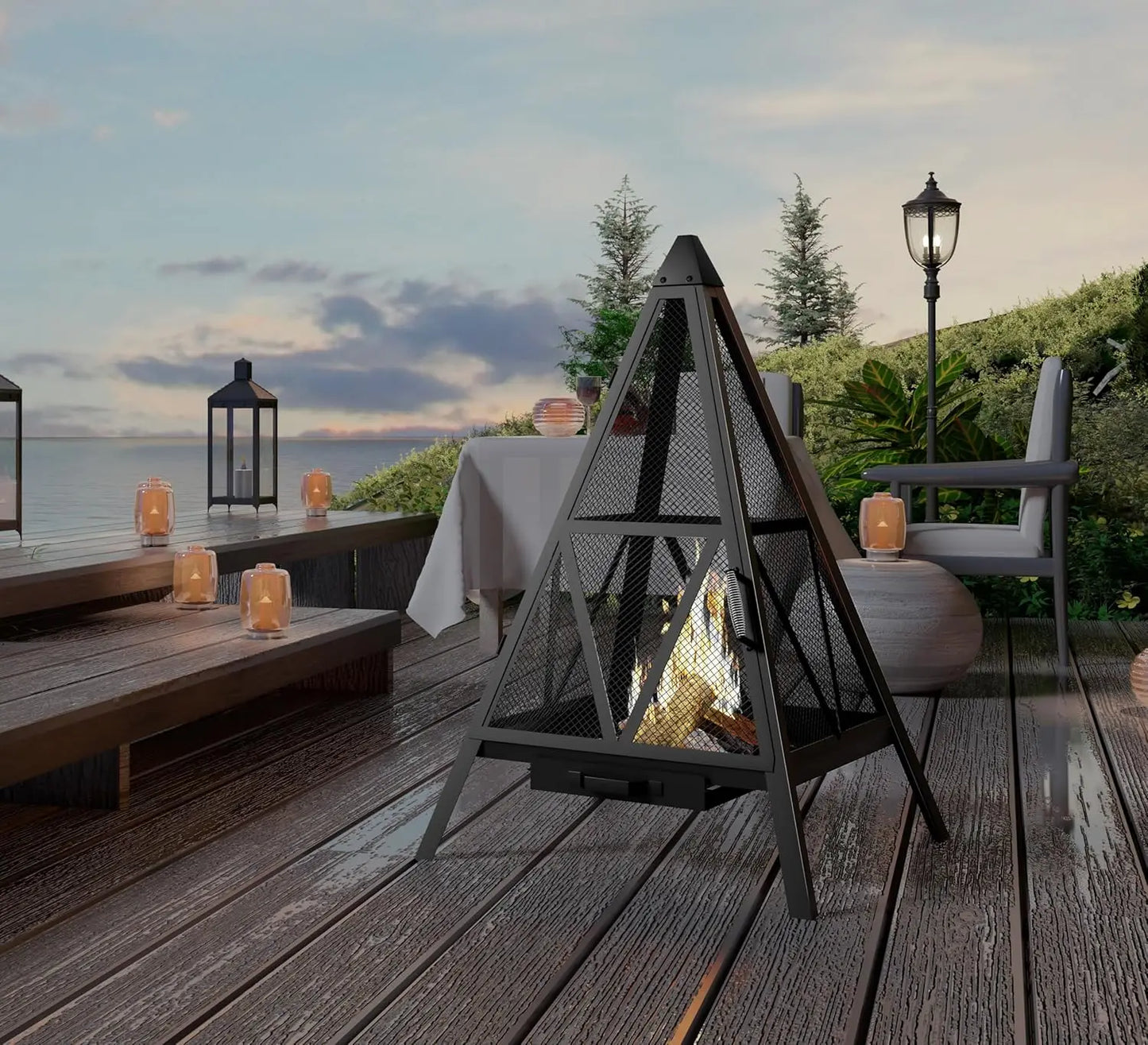 Pyramid Shaped Heavy-Duty Steel Mesh Outdoor Fire Pit - High-Temperature Powder-Coated Finish (3ft tall!)