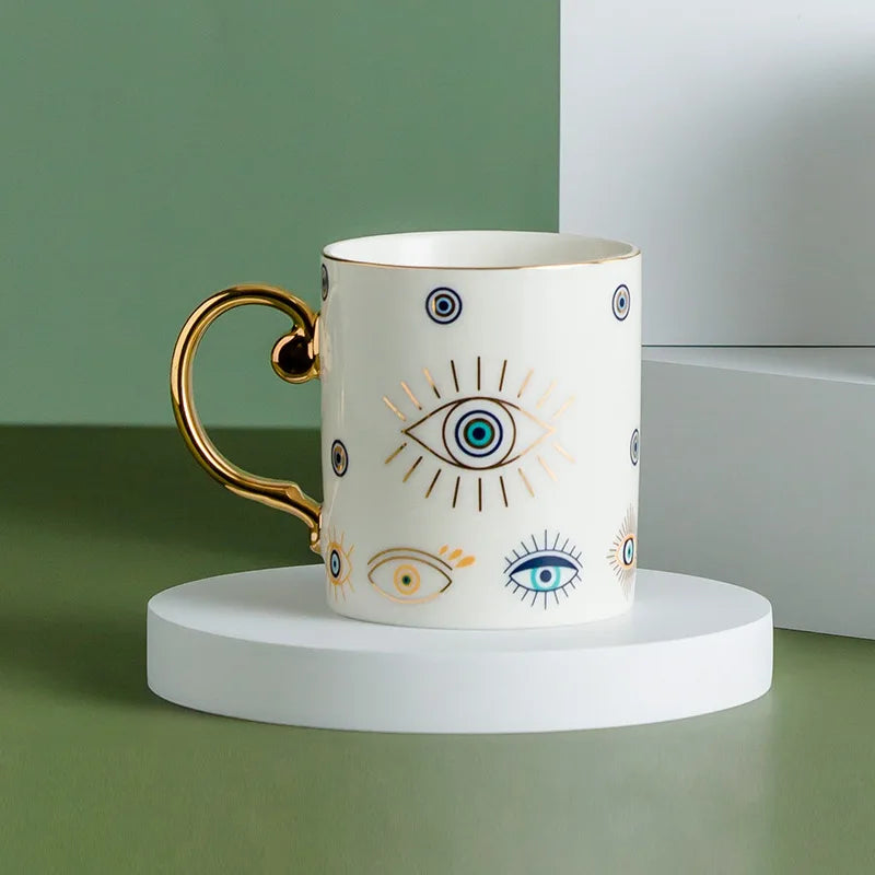 Turkish Hamsa Ceramic Mug with Gold Accents, 11oz