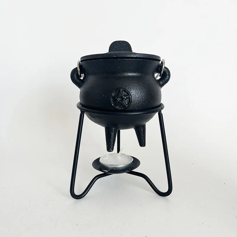 Triple Moon Cast Iron Cauldron with Metal Candle Holder