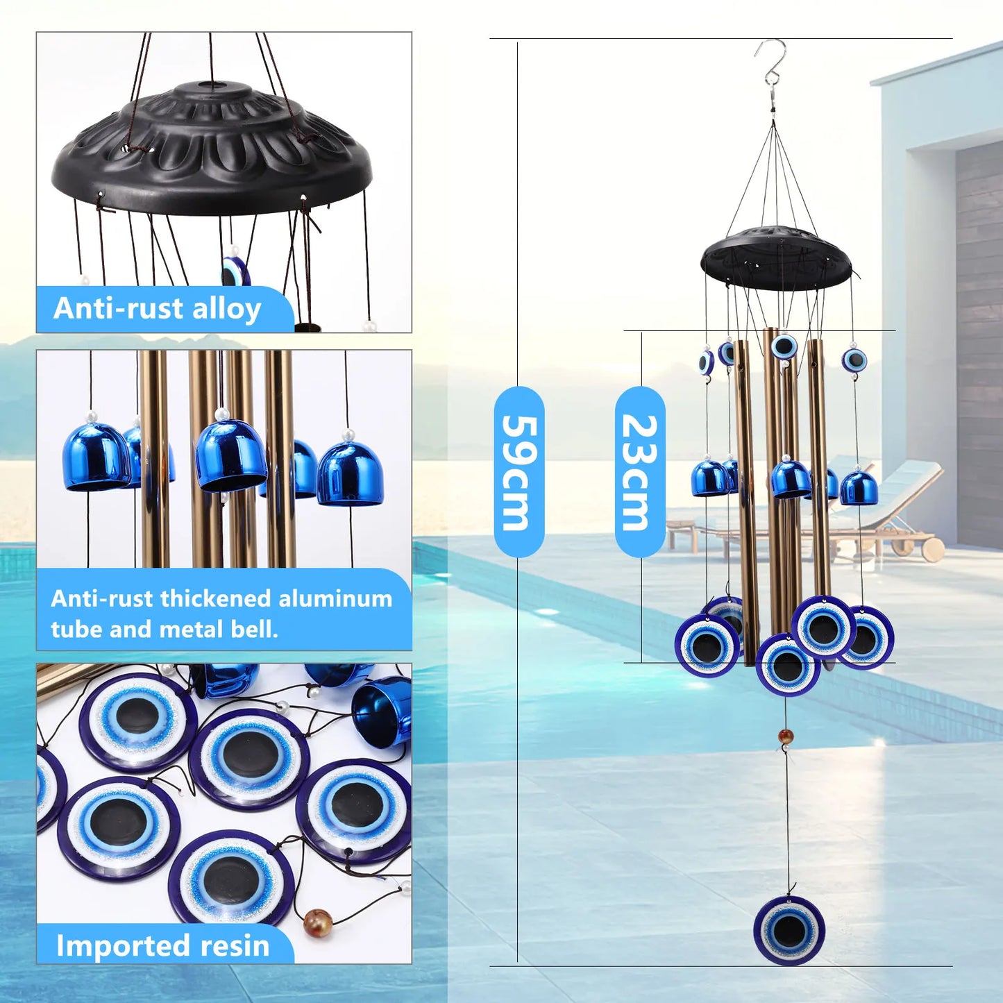 Blue Glass Evil Eyes with Bells (for indoor or outdoor)