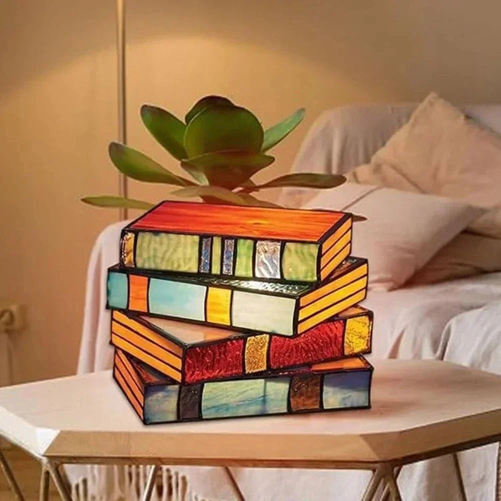 Stained Glass Stacked Books Lamp, 5.5in Tall, USB Powered