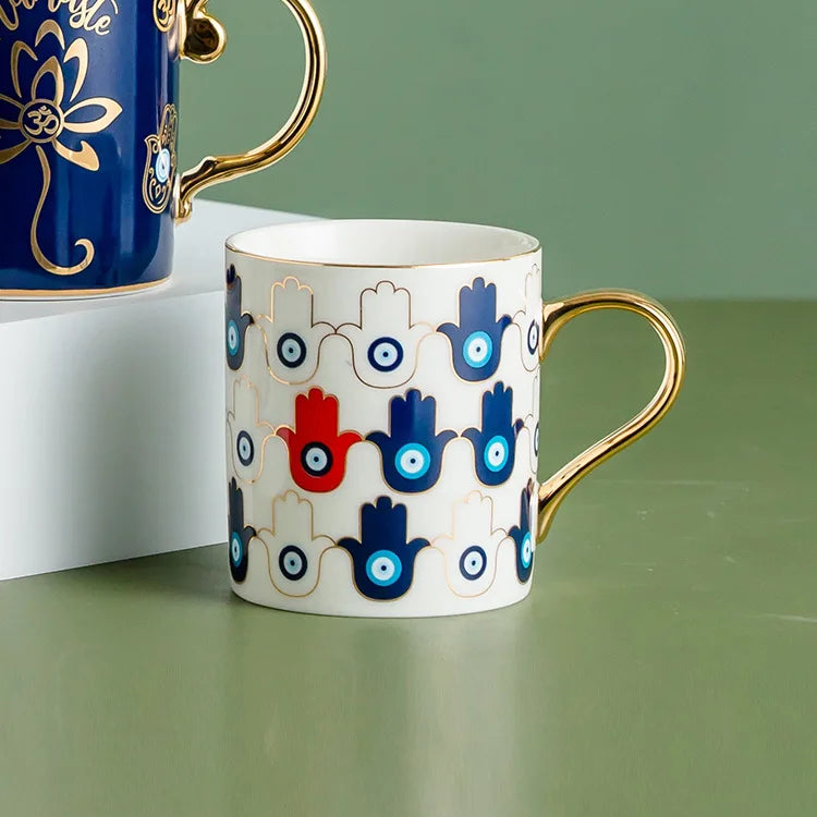 Turkish Hamsa Ceramic Mug with Gold Accents, 11oz