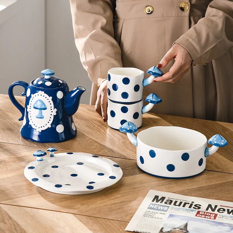 Hand Painted Blue Mushroom Cottage Tea Collection