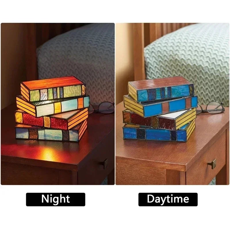 Stained Glass Stacked Books Lamp, 5.5in Tall, USB Powered