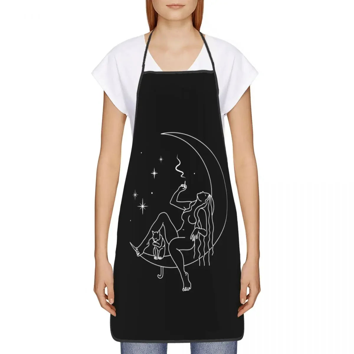 Chill Smoking Witch with Cat On Moon Apron