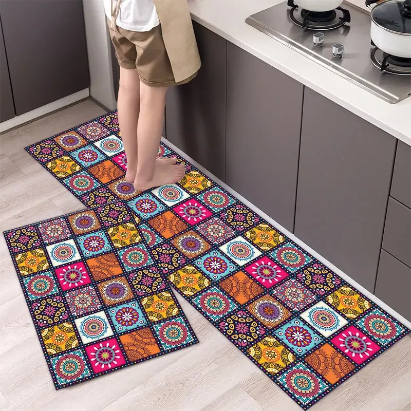 Beautiful Boho Blues Patterned Washable Anti Fatigue Kitchen Rugs