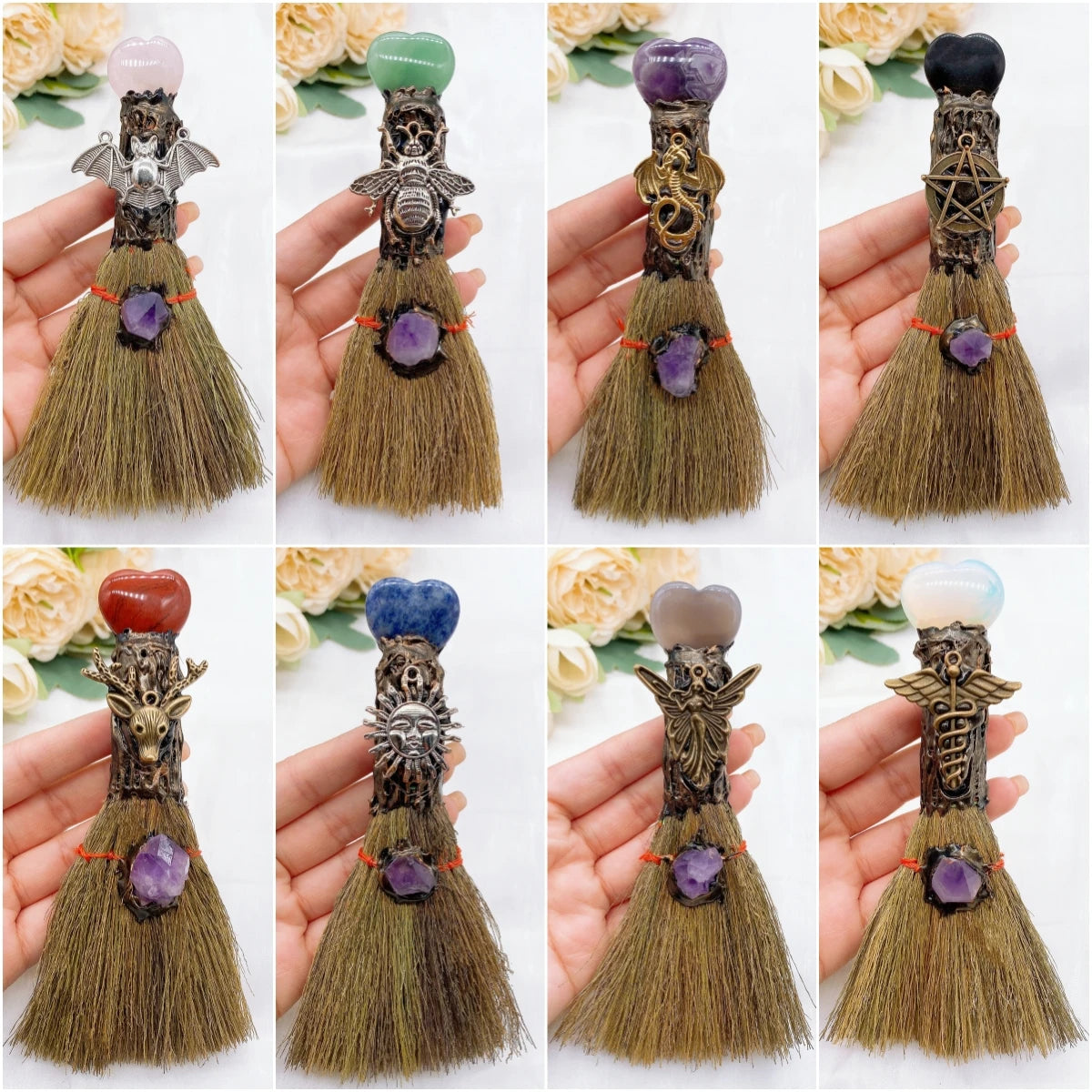 Mini Brooms with Talismans & Natural Gemstones, for Ritual Use, Protection, & Cleansing