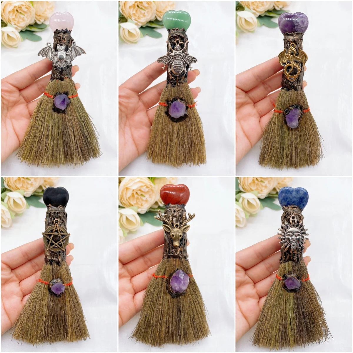 Mini Brooms with Talismans & Natural Gemstones, for Ritual Use, Protection, & Cleansing